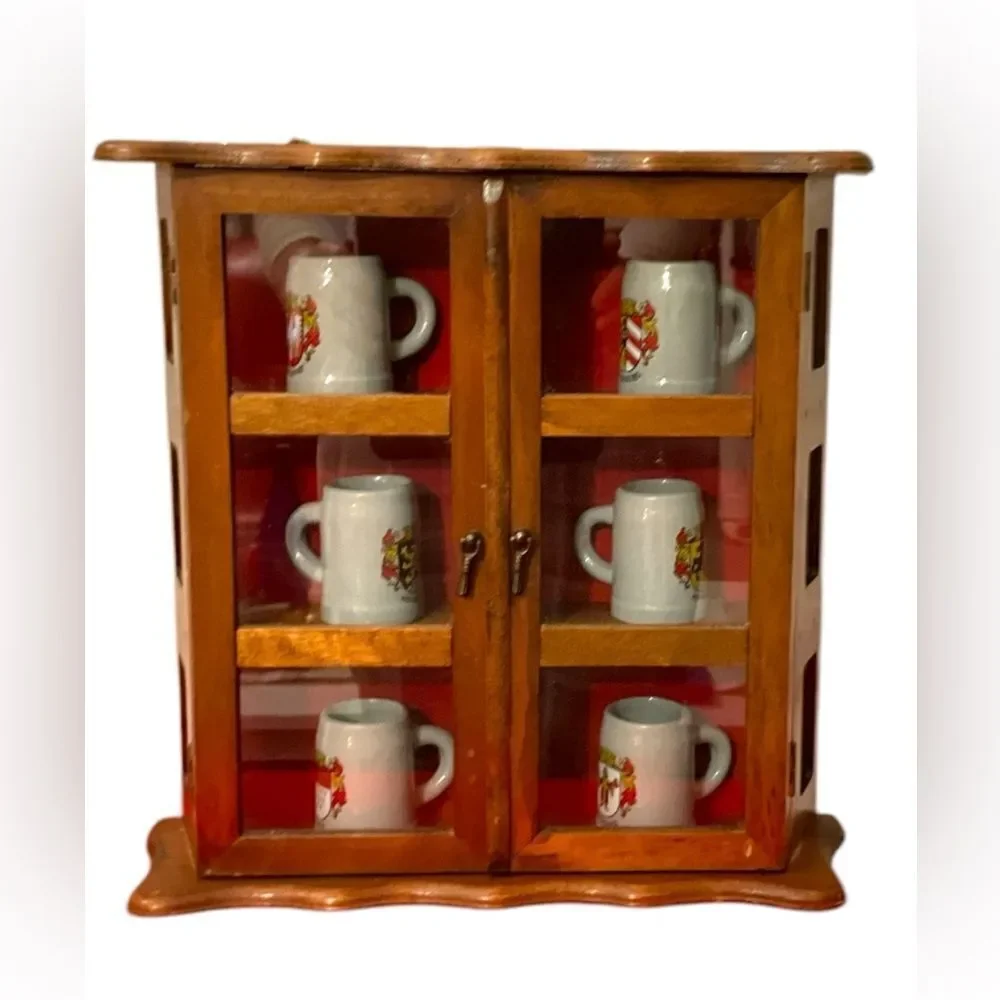 Rare Collectible 6 German Mini Beer Mugs/Steins in a Wooden Display Case